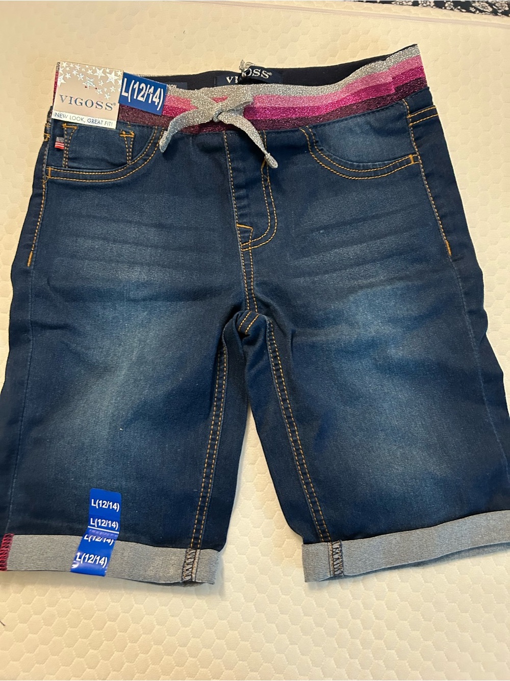 Vigoss Dark Blue Denim Shorts with Pink and Silver Waistband